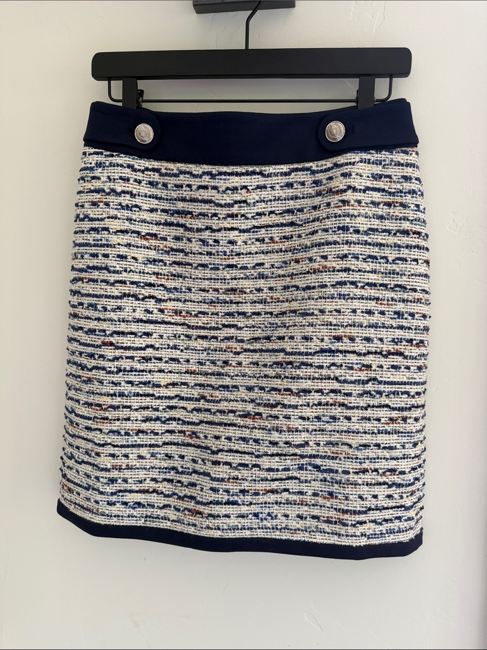 White House Black Market Navy & Ivory Tweed Pencil Skirt